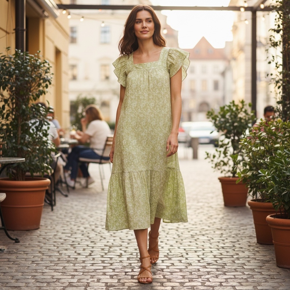 Rails Skylar Posies Dress Green Flutter Sleeve Crepe Stretch XS MIDI Smocked EUC